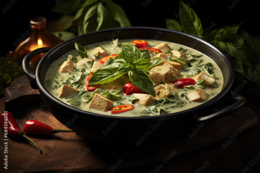 Green curry food in ceramic bowl, fusion of Thai- and Indian-style curries