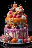 Playful and colorful candyland birthday cake featuring a candy explosion on top, Generative AI