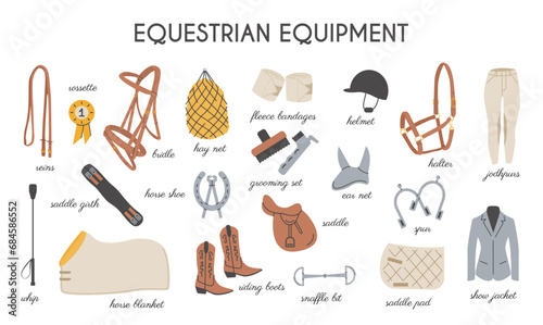 Horse riding colored flat icons vector set. Equestrian equipment illustrations in trendy modern hand drawn style. Equine sports signs. Dressage, show jumps elements. Horse stable tools. 