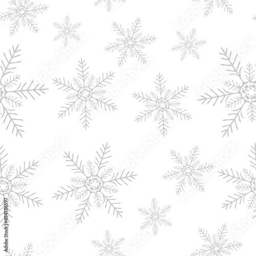 Seamless pattern with black snowflakes on white background. Flat line snowing icons, cute snow flakes repeat wallpaper. Nice element for christmas banner, wrapping. New year traditional ornament