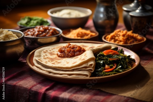 A traditional Ethiopian meal featuring Injera, a sourdough-risen flatbread with a unique, slightly spongy texture, served with a variety of spicy stews