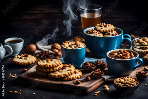 Cookies nuts with condensed milk and tea, good morning concept