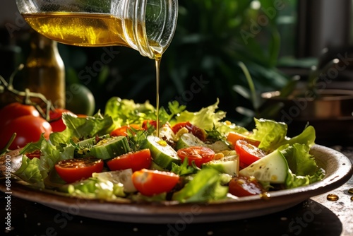 A close-up capture of golden olive oil drizzling from a vintage bottle onto a fresh salad, reflecting the warm afternoon sun in a rustic kitchen setting