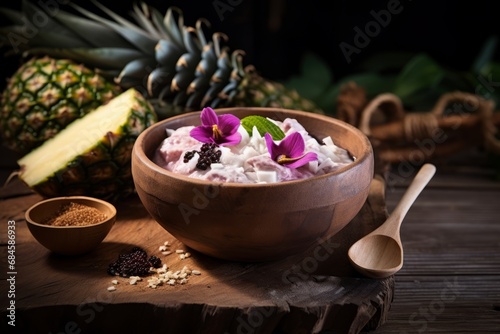 A traditional Hawaiian dish, Poi, made from the fermented root of the taro plant, served in a wooden bowl with a spoon, accompanied by fresh tropical fruits on a rustic table photo