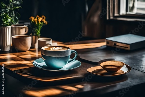 Minimalist lifestyle Coffee tea cup on table vertical aesthetic still life