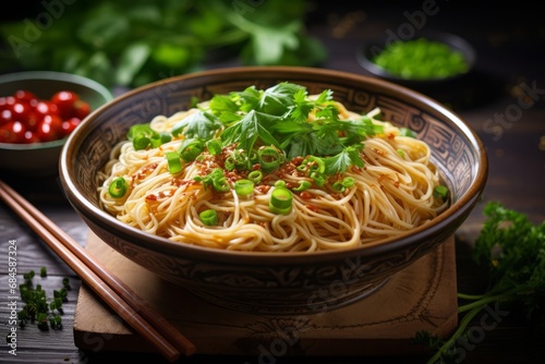 A close-up shot of a bowl of freshly cooked vermicelli noodles, garnished with vibrant green herbs, with a pair of chopsticks resting on top, set against a rustic wooden table