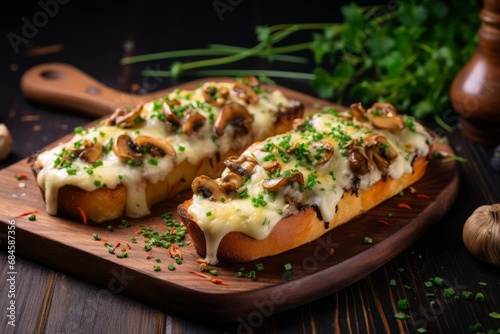A delicious Zapiekanka, traditional Polish street food, served hot with melted cheese, sauteed mushrooms, and garnished with fresh chives on a rustic wooden table photo