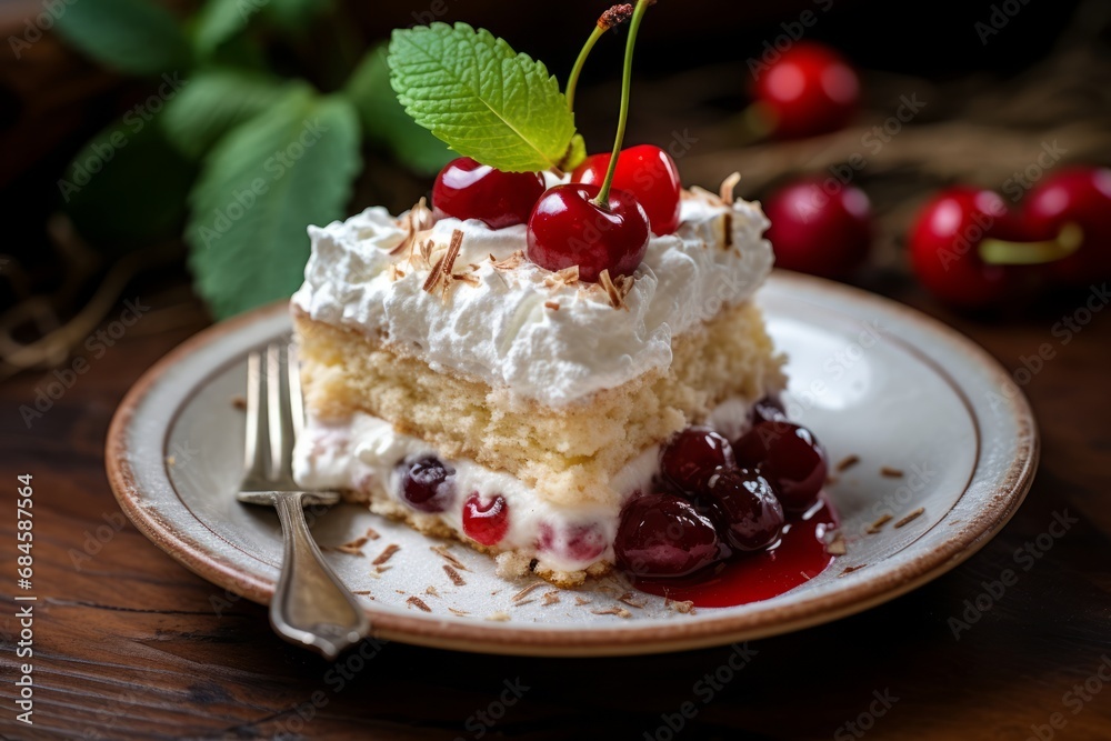 A delectable piece of Tres Leches Cake, soaked in three types of milk, topped with whipped cream and a cherry, sitting on a rustic wooden table with a fork on the side, ready to be savored A delectable piece of Tres Leches Cake, soaked in three types of milk, topped with whipped cream and a cherry, sitting on a rustic wooden table with a fork on the side, ready to be savored