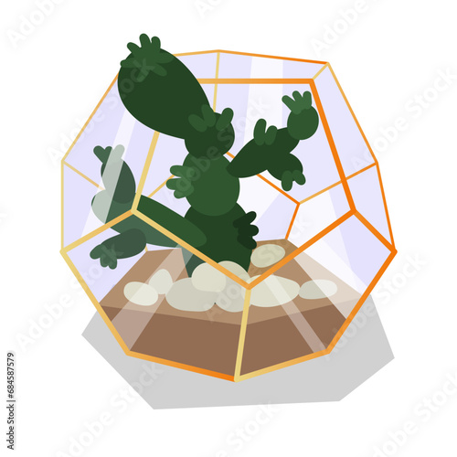 Vector illustration with a glass terrarium of a florarium highlighted in the background. Cactus in a geometric flower pot in a flat style. The plant is in a golden glass cage, a container. isolated