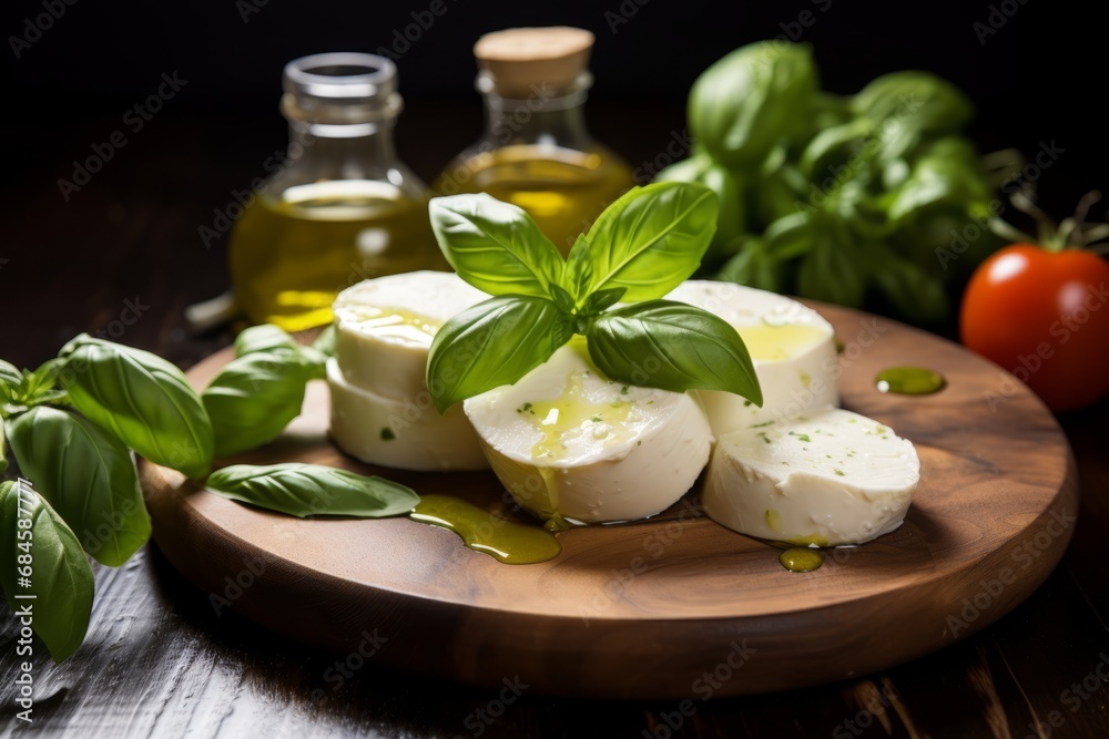 A close-up shot of fresh, organic mozzarella cheese, garnished with basil leaves, olive oil, and a sprinkle of black pepper, served on a rustic wooden board A close-up shot of fresh, organic mozzarella cheese, garnished with basil leaves, olive oil, and a sprinkle of black pepper, served on a rustic wooden board