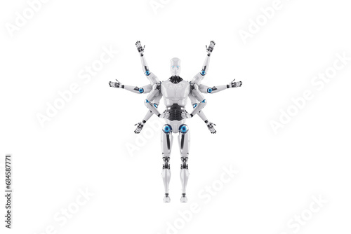 Modern Robot with multiple hands, multifunctional robot able to do several things at the same time. Concept of process automation, artificial intelligence, job loss. 3D illustration, 3D renders.