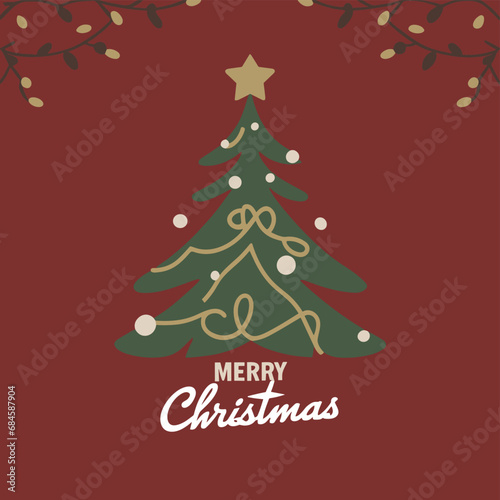 Merry Christmas and Happy New Year Set of greeting cards, posters, holiday covers. Xmas Design with beautiful snowflakes in modern line art style on red background. Christmas tree, border frame, decor