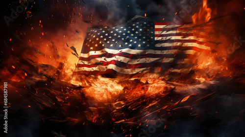 USA America Burning Fire Flag