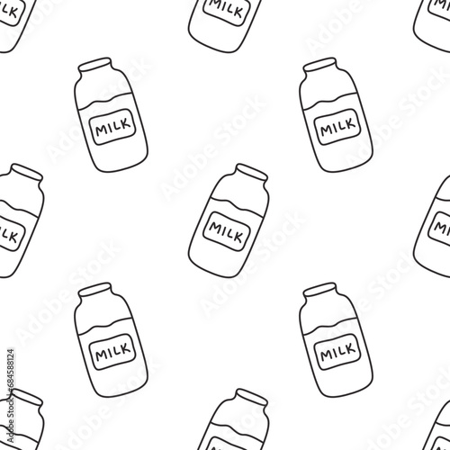 Black contour milk bottles isolated on white background. Cute seamless pattern.