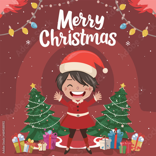 Merry Christmas and Happy New Year Set of greeting cards, posters, holiday covers. Xmas Design with beautiful snowflakes in modern line art style on red background. Christmas tree, border frame, decor