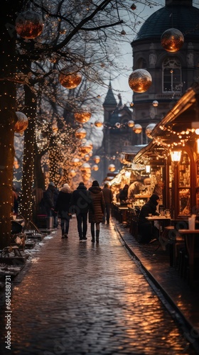 People in Christmas market, an illuminated street. Festive new year lights. © lolya1988