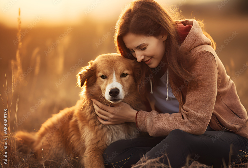 dog adoption Young smiling Woman hugging red dog while walking in autumn fields pet love  National Hugging Day