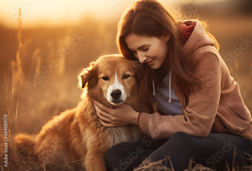 dog adoption Young smiling Woman hugging red dog while walking in autumn fields pet love National Hugging Day