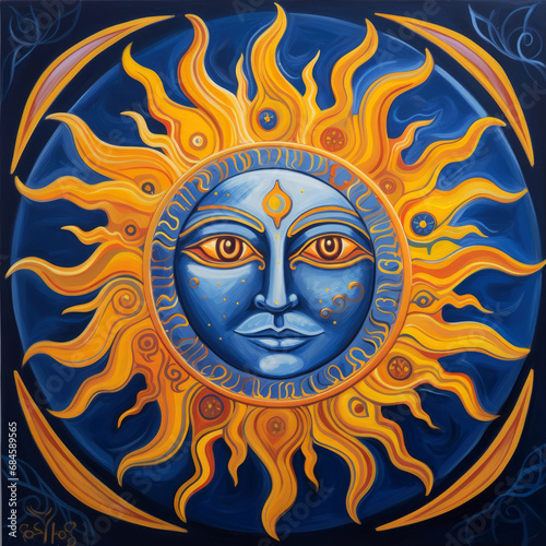 Artistic illustration of a sun with face