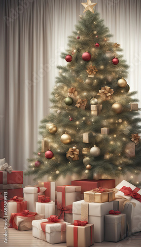 vertical image, gifts under the Christmas tree, christmas tree in the house,