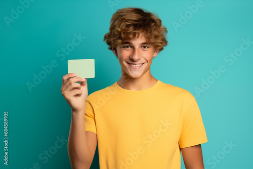 Teen age boy holds creit card on bright color background