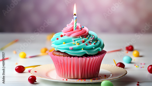 Birthday cupcake with lit birthday candle. Photography set composition.