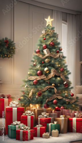 vertical image, gifts under the Christmas tree, christmas tree in the house,