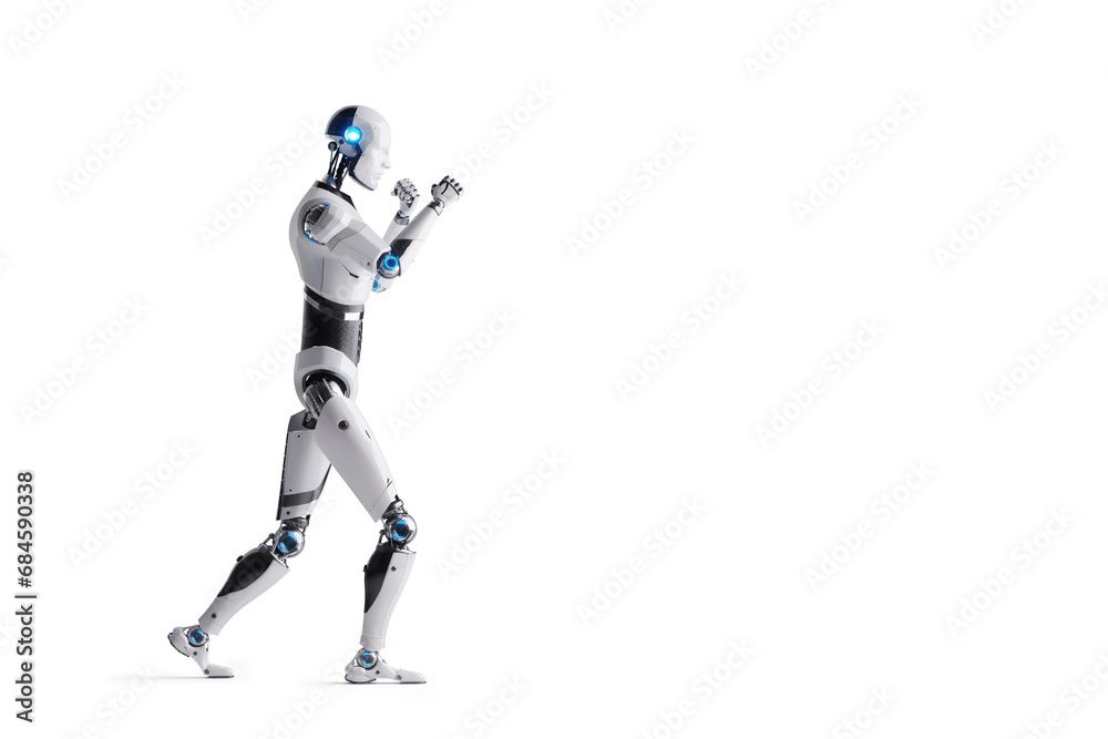 Technological modern robot, full body, in boxing pose on white background. Neural networks and artificial intelligence, technology, machine learning. 3D illustration, 3D rendering, copy space
