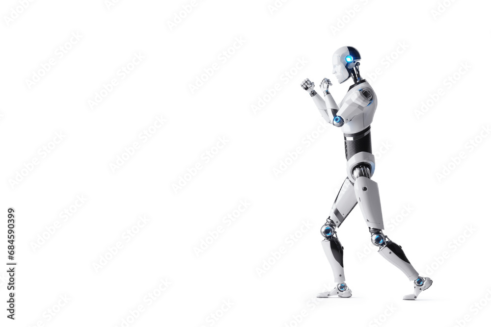 Technological modern robot, full body, in boxing pose on white background. Neural networks and artificial intelligence, technology, machine learning. 3D illustration, 3D rendering, copy space Technological modern robot, full body, in boxing pose on white background. Neural networks and artificial intelligence, technology, machine learning. 3D illustration, 3D rendering, copy space