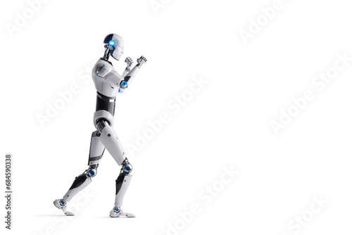 Technological modern robot, full body, in boxing pose on white background. Neural networks and artificial intelligence, technology, machine learning. 3D illustration, 3D rendering, copy space