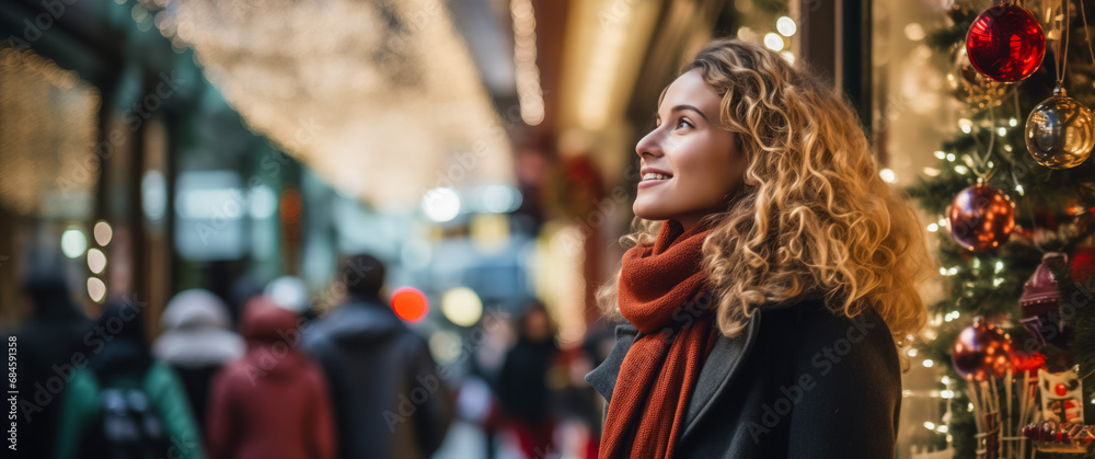 Young woman in winter fashion admiring christmas street decorations
