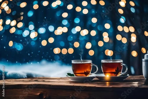 Banner with two glass cups of tea on table with blue winter background with bokeh lights. drink. Autumn or winter concept