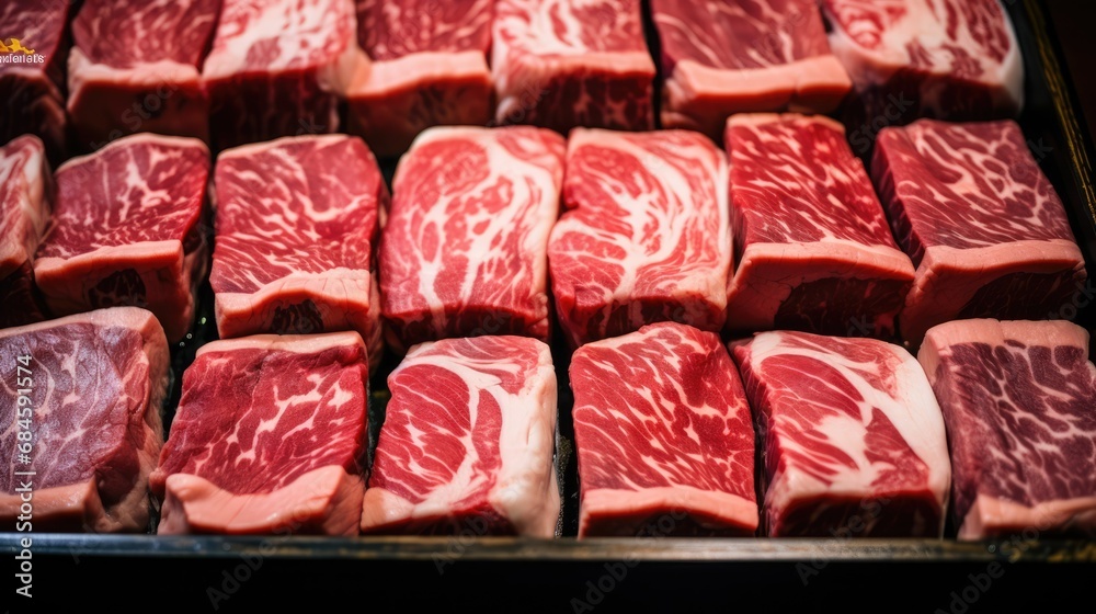 Fresh beef A5, Raw meat arrange in tray Fresh beef A5, Raw meat arrange in tray