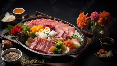 Japanese cuisine on a plate set in black background, asian food