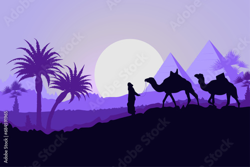 Camel caravan with pyramids and desert landscape  sunset or sunrise. Vector illustration. 