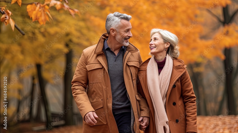 Autumn Stroll: Mature Couple's Seasonal Romance Autumn Stroll: Mature Couple's Seasonal Romance