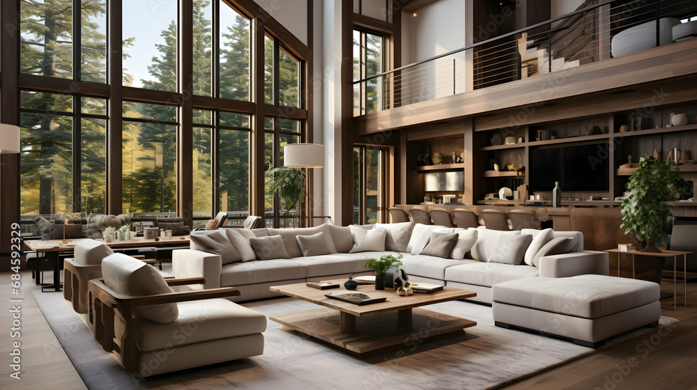 Modern Minimal clean clear contemporary living room home interior design daylight background,beige white sofa couch in living room, Generated With Ai.