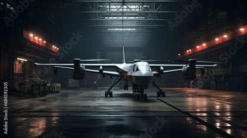 Advanced F35 secret jet in an undisclosed location with silhouette lighting. 3d rendering,generated with Ai photo