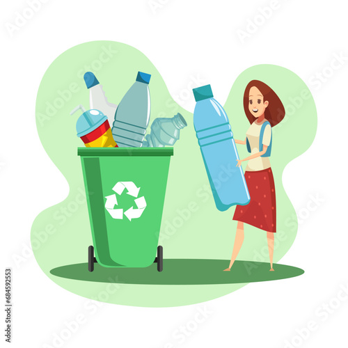 
Plastic pollution illustration set. A girl sorts plastic waste. Support proper disposal and recycling of waste. Conscious consumption concept