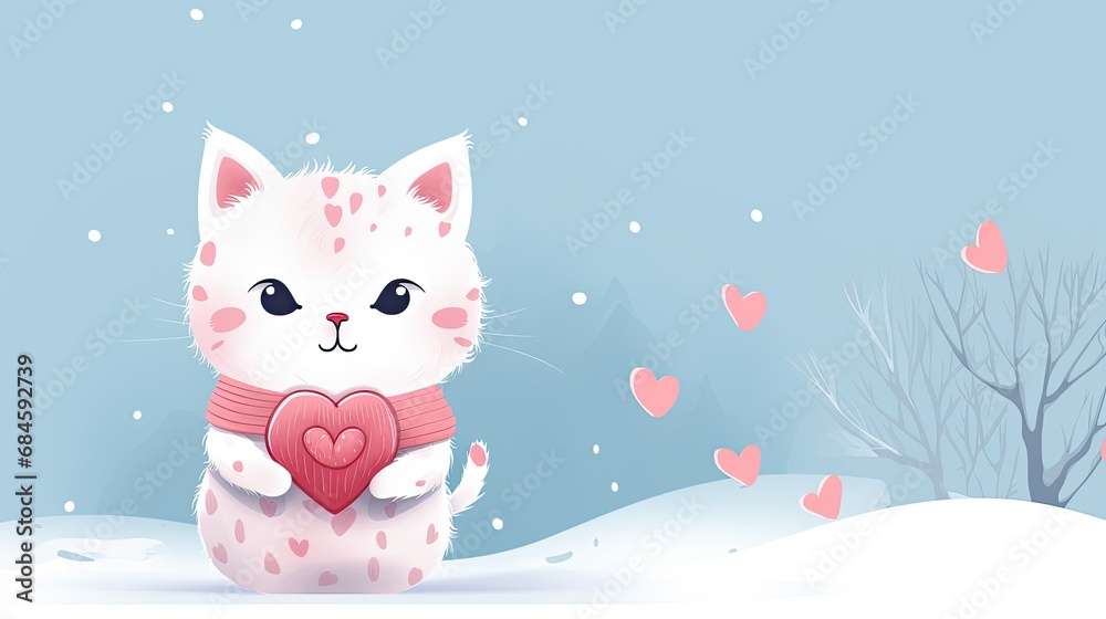 cute white kitten with a heart in its paws, winter background, banner, postcard, copy space cute white kitten with a heart in its paws, winter background, banner, postcard, copy space