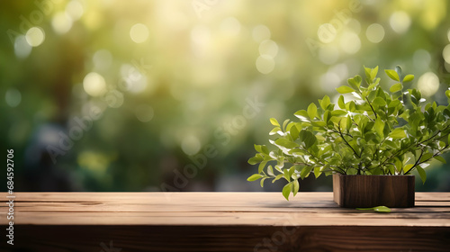 Beautiful Spring Background with Green lush young foliage and an empty wooden table outdoors Generated Ai