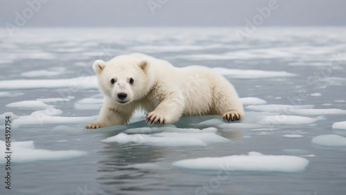 A helpless baby bear floating on a tiny ice sheet in the vast ocean evokes a powerful and poignant scene. Generated with AI