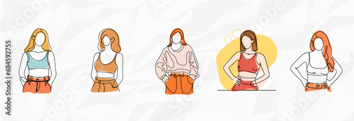 Stilvolle Anonymität: Bundle mit minimalistischen Lineart-Illustrationen von modischen jungen Frauen mit anonymisierten Gesichtern
