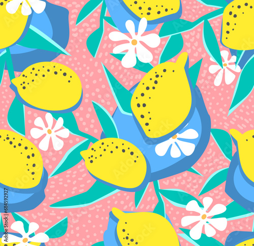 abstract lemons garden fruits, floral leaves branches and flowers seamless pattern, modern contemporary bold bright pastels candy colors Mediterranean coast repeat texture, vector illustration