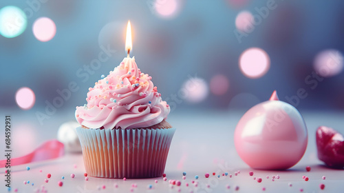 Birthday Background with Pink Birthday Cupcake and Candle  Birthday Gift and Party Hat  Copy Space Generative AI