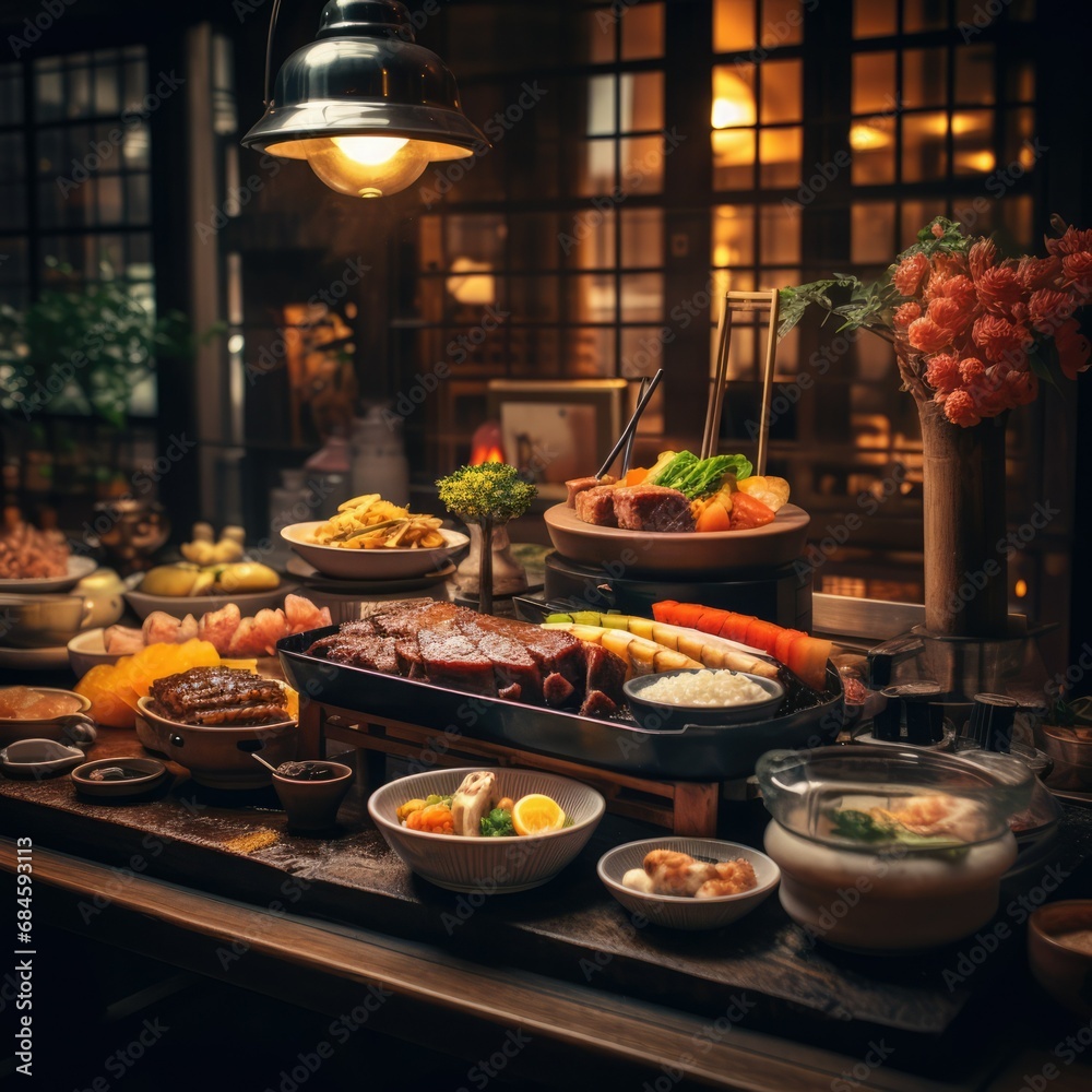 Japanese Food, Selection of Sushi Served on a Table: Exquisite Assortment of Traditional Nigiri and Rolls Presented Elegantly Japanese Food, Selection of Sushi Served on a Table: Exquisite Assortment of Traditional Nigiri and Rolls Presented Elegantly