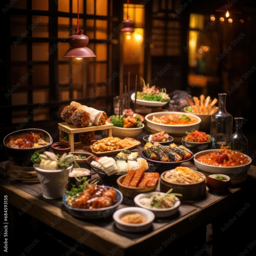 Asian Culinary Delight: Vibrant Buffet Spread of Authentic Japanese Food in a Stylish Restaurant Setting