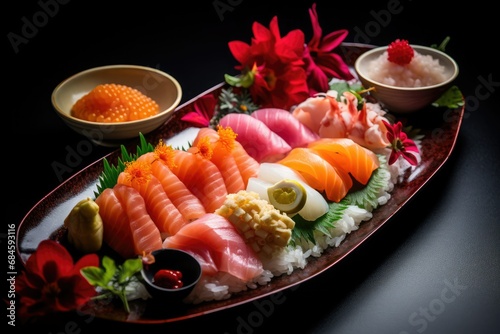 Japanese Food, Selection of Sushi Served on a Table: Exquisite Assortment of Traditional Nigiri and Rolls Presented Elegantly