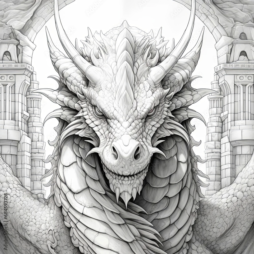 Dragon Lair Fantasy Coloring Page - obrazy, fototapety, plakaty 