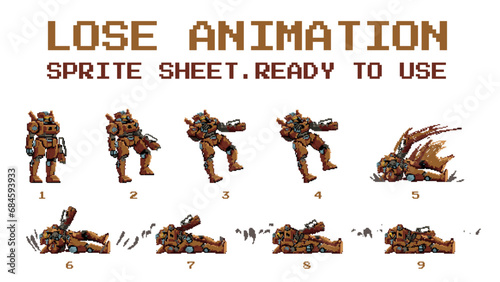 pixel art style illustration vector 8 bit 8-bit character set retro design game aseprite vintage robot animation set sprite sheet lose photo